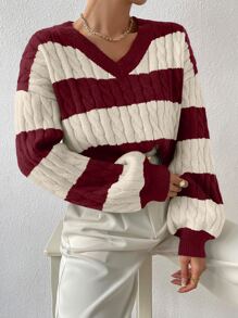 SHEIN Essnce Two Tone Cable Knit Drop Shoulder Jumper - Red and White - View 6