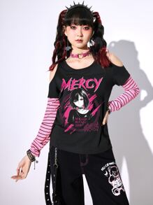 ROMWE Anime 2 In 1 Striped Sleeve Letter Cartoon Graphic Tee - Black - View 4