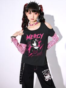 ROMWE Anime 2 In 1 Striped Sleeve Letter Cartoon Graphic Tee - Black - View 5