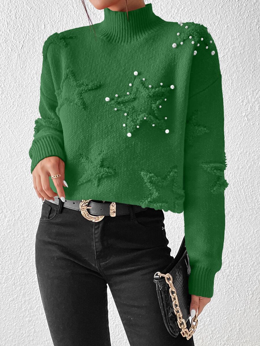 SHEIN Essnce Pearls Beaded Star Pattern Drop Shoulder Jumper - Green - View 1