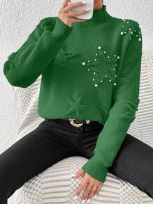 SHEIN Essnce Pearls Beaded Star Pattern Drop Shoulder Jumper - Green - View 3