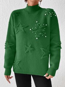SHEIN Essnce Pearls Beaded Star Pattern Drop Shoulder Jumper - Green - View 4