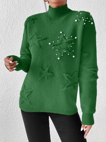 SHEIN Essnce Pearls Beaded Star Pattern Drop Shoulder Jumper - Green - View 5
