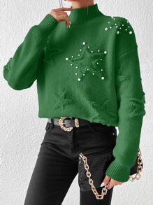 SHEIN Essnce Pearls Beaded Star Pattern Drop Shoulder Jumper - Green - View 6