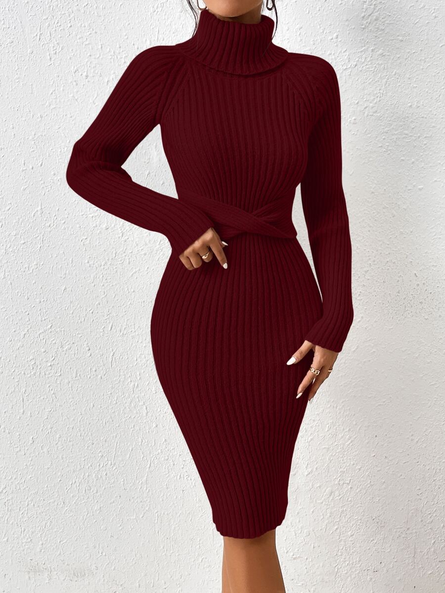 SHEIN Privé Turtleneck Raglan Sleeve Twist Front Jumper Dress - Burgundy - View 1
