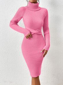 SHEIN Privé Turtleneck Twist Front Raglan Sleeve Jumper Dress - Pink - View 1