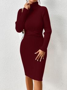 SHEIN Privé Turtleneck Raglan Sleeve Twist Front Jumper Dress - Burgundy - View 5