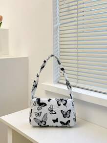 Bolso de hombro con cremallera a la moda, bolso para axilas con patrón de mariposa a la moda, bolso con decoración de cadena elegante, bolso Baguette con patrón de mariposa - Blanco y Negro - Ver 1