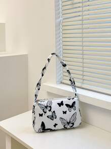Bolso de hombro con cremallera a la moda, bolso para axilas con patrón de mariposa a la moda, bolso con decoración de cadena elegante, bolso Baguette con patrón de mariposa - Blanco y Negro - Ver 2