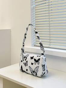 Bolso de hombro con cremallera a la moda, bolso para axilas con patrón de mariposa a la moda, bolso con decoración de cadena elegante, bolso Baguette con patrón de mariposa - Blanco y Negro - Ver 3