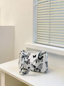 Bolso de hombro con cremallera a la moda, bolso para axilas con patrón de mariposa a la moda, bolso con decoración de cadena elegante, bolso Baguette con patrón de mariposa - Blanco y Negro - Ver 4