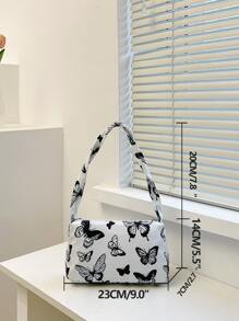 Bolso de hombro con cremallera a la moda, bolso para axilas con patrón de mariposa a la moda, bolso con decoración de cadena elegante, bolso Baguette con patrón de mariposa - Blanco y Negro - Ver 7