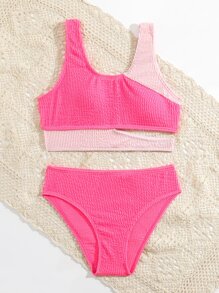 Tween Girl Colorblock Cut Out Bikini Set Summer Beach - Pink - View 5