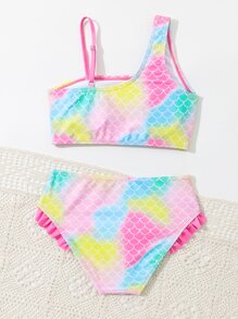 Tween Girl Fish Scale Print Frill Trim Bikini Set Summer Beach - Multicolor - View 2