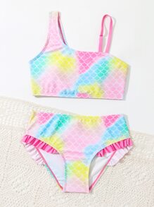 Tween Girl Fish Scale Print Frill Trim Bikini Set Summer Beach - Multicolor - View 5