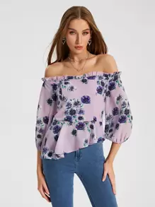 Raluk Floral Print Off Shoulder Frill Trim Lantern Sleeve Top - Lilac Purple - View 1