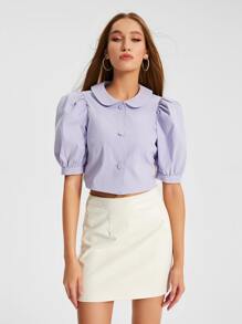 Raluk Peter Pan Collar Puff Sleeve Button Front Blouse - Lilac Purple - View 1