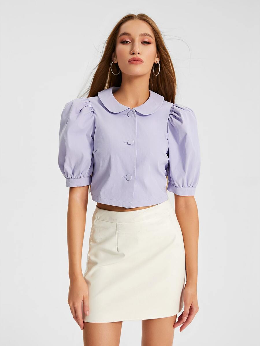 Raluk Peter Pan Collar Puff Sleeve Button Front Blouse - Lilac Purple - View 1