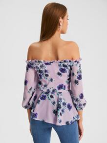 Raluk Floral Print Off Shoulder Frill Trim Lantern Sleeve Top - Lilac Purple - View 2
