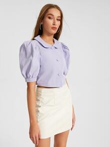 Raluk Peter Pan Collar Puff Sleeve Button Front Blouse - Lilac Purple - View 3
