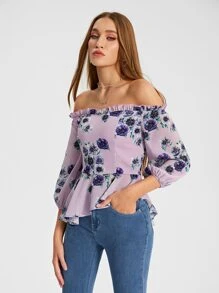 Raluk Floral Print Off Shoulder Frill Trim Lantern Sleeve Top - Lilac Purple - View 3