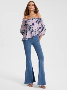 Raluk Floral Print Off Shoulder Frill Trim Lantern Sleeve Top - Lilac Purple - View 4