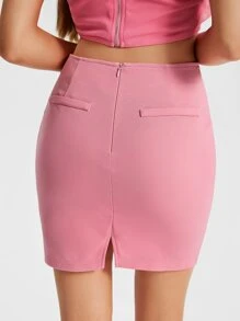Raluk Frill Trim Split Hem Bodycon Skirt - Pink - View 3