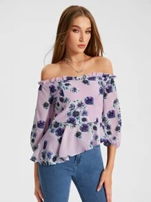 Raluk Floral Print Off Shoulder Frill Trim Lantern Sleeve Top - Lilac Purple - View 5