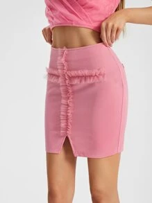 Raluk Frill Trim Split Hem Bodycon Skirt - Pink - View 4