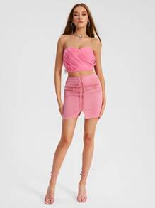 Raluk Frill Trim Split Hem Bodycon Skirt - Pink - View 1