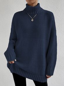 SHEIN Essnce Jersey cuello alto de hombros caídos - Azul Marino - Ver 1