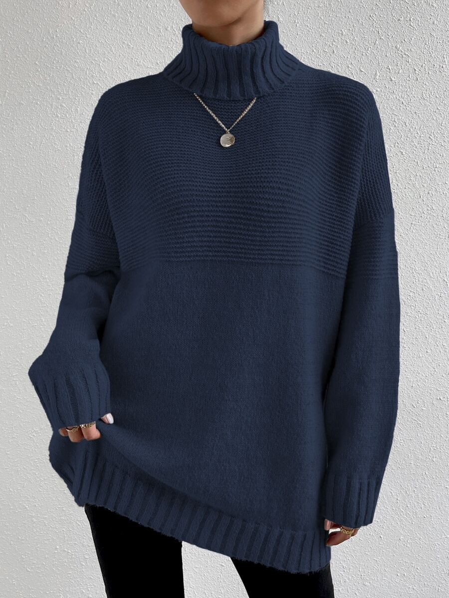 SHEIN Essnce Jersey cuello alto de hombros caídos - Azul Marino - Ver 1