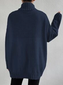 SHEIN Essnce Jersey cuello alto de hombros caídos - Azul Marino - Ver 2