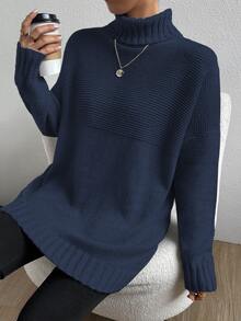 SHEIN Essnce Jersey cuello alto de hombros caídos - Azul Marino - Ver 5