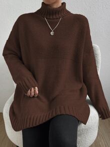SHEIN Essnce Turtleneck Drop Shoulder Jumper - Coffee Brown - View 4