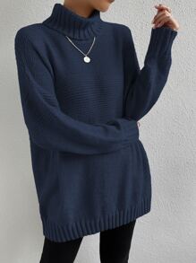 SHEIN Essnce Jersey cuello alto de hombros caídos - Azul Marino - Ver 6