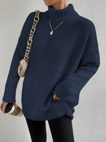 SHEIN Essnce Jersey cuello alto de hombros caídos - Azul Marino - Ver 7