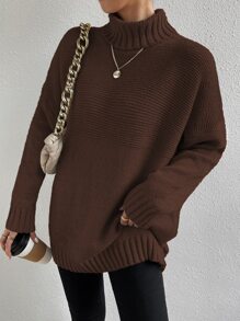 SHEIN Essnce Turtleneck Drop Shoulder Jumper - Coffee Brown - View 5
