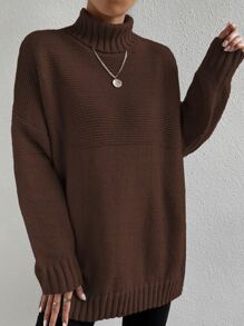 SHEIN Essnce Turtleneck Drop Shoulder Jumper - Coffee Brown - View 6