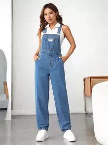 Patched Detail Denim Dungarees Without Top - Medium Wash - View 1