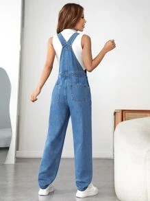 Patched Detail Denim Dungarees Without Top - Medium Wash - View 2