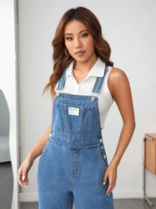 Patched Detail Denim Dungarees Without Top - Medium Wash - View 5