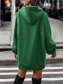 SHEIN Unity Letter Embroidery Drop Shoulder Hoodie Dress - Green - View 2
