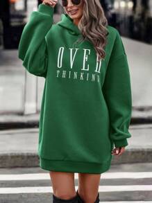 SHEIN Unity Letter Embroidery Drop Shoulder Hoodie Dress - Green - View 4