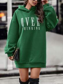 SHEIN Unity Letter Embroidery Drop Shoulder Hoodie Dress - Green - View 5