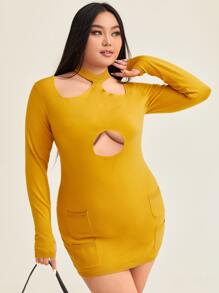 KarenTracey Designs Designer Women Plus Cut Out Front Bodycon Sweater Dress, For Holiday, Party, Festival - Mustard Yellow - View 1