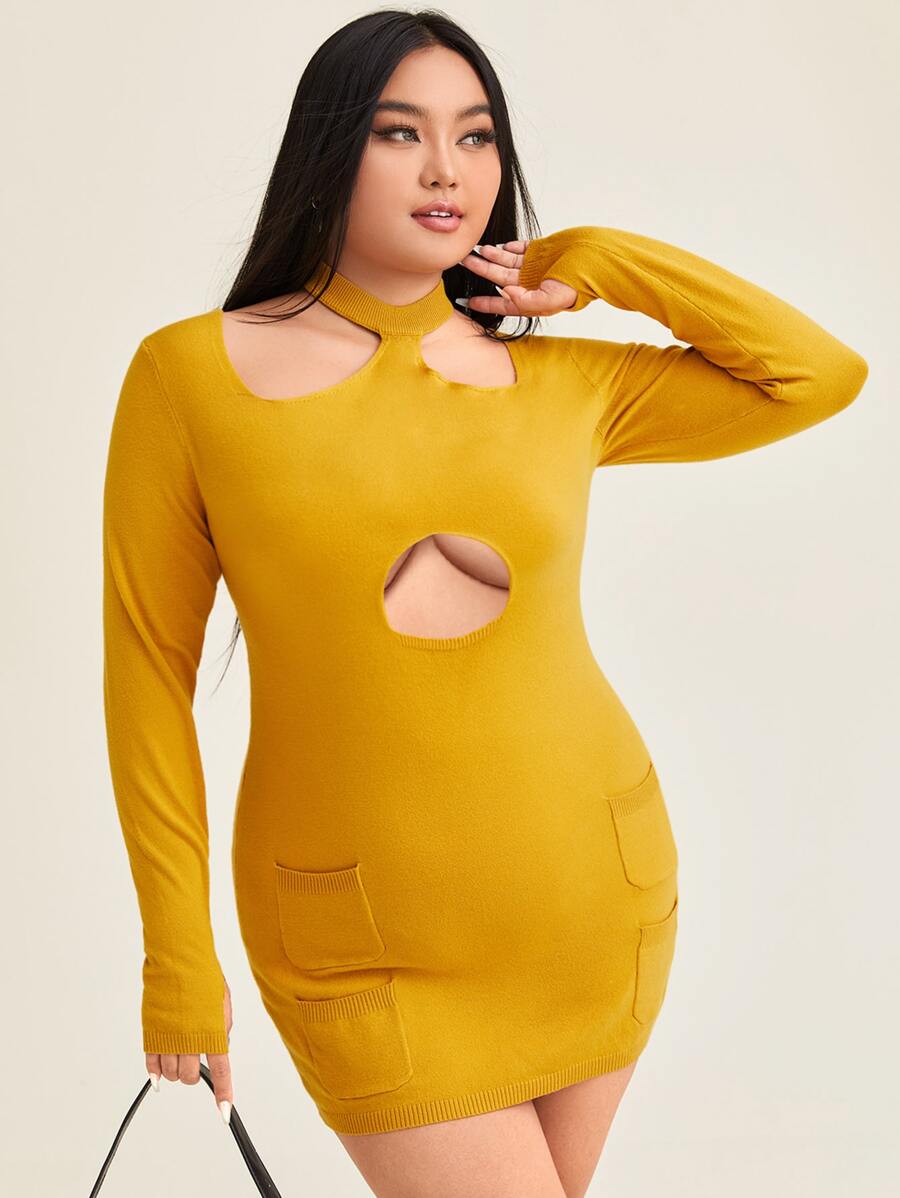 KarenTracey Designs Designer Women Plus Cut Out Front Bodycon Sweater Dress, For Holiday, Party, Festival - Mustard Yellow - View 1