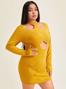 KarenTracey Designs Designer Women Plus Cut Out Front Bodycon Sweater Dress, For Holiday, Party, Festival - Mustard Yellow - View 3