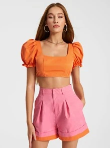 ELLEY OREM EO CAZ Square Neck Puff Sleeve Crop Top