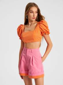 ELLEY OREM EO CAZ Square Neck Puff Sleeve Crop Top